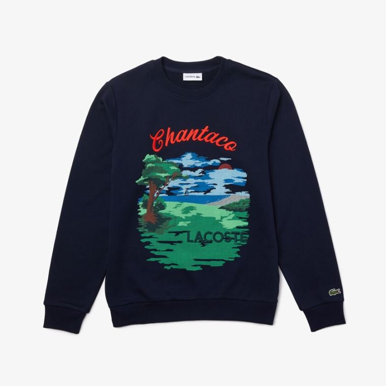 Lacoste Crew Neck Landscape Print Fleece Sweatshirt Marineblå Blå Rød | PUDpIqjl