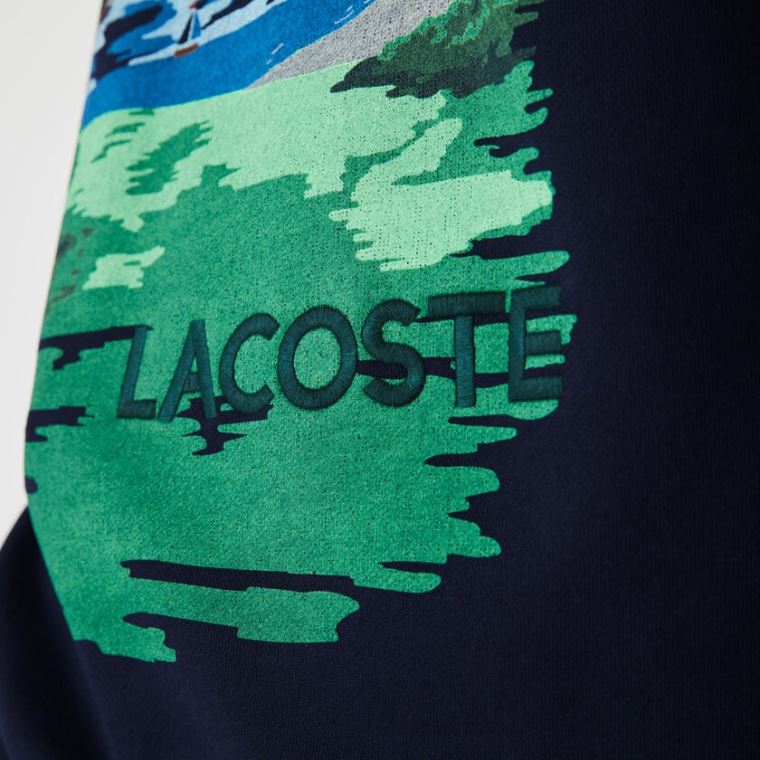 Lacoste Crew Neck Landscape Print Fleece Sweatshirt Marineblå Blå Rød | PUDpIqjl