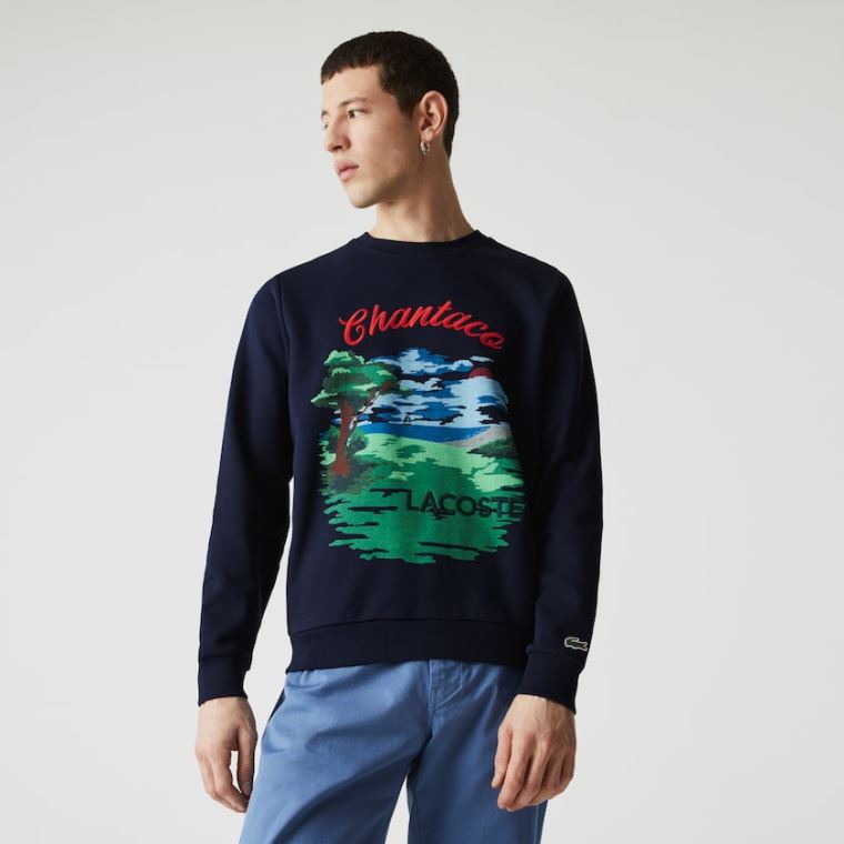 Lacoste Crew Neck Landscape Print Fleece Sweatshirt Marineblå Blå Rød | PUDpIqjl