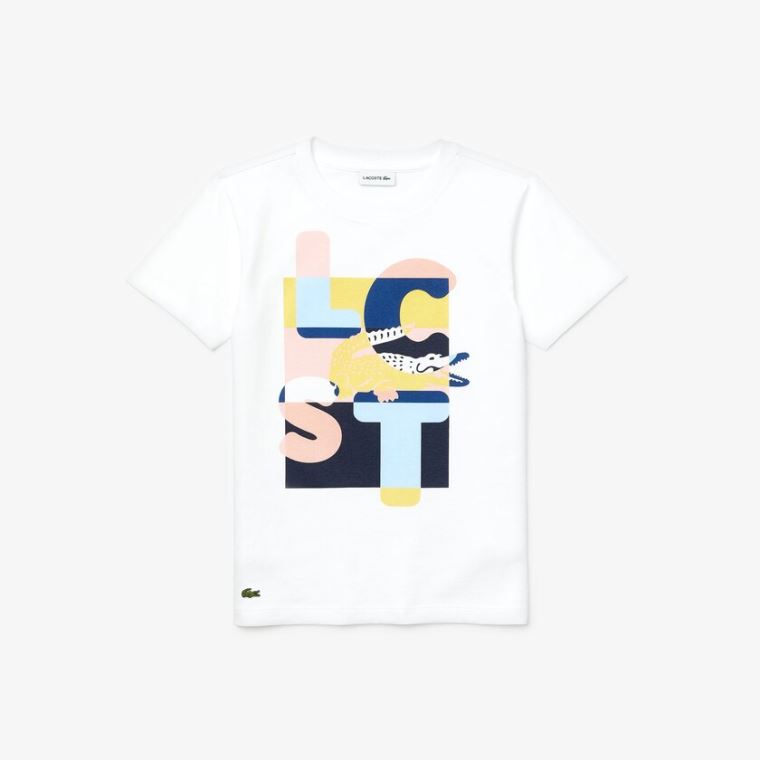 Lacoste Crew Neck Print Bomull T-shirt Hvite | ORzKDcFc