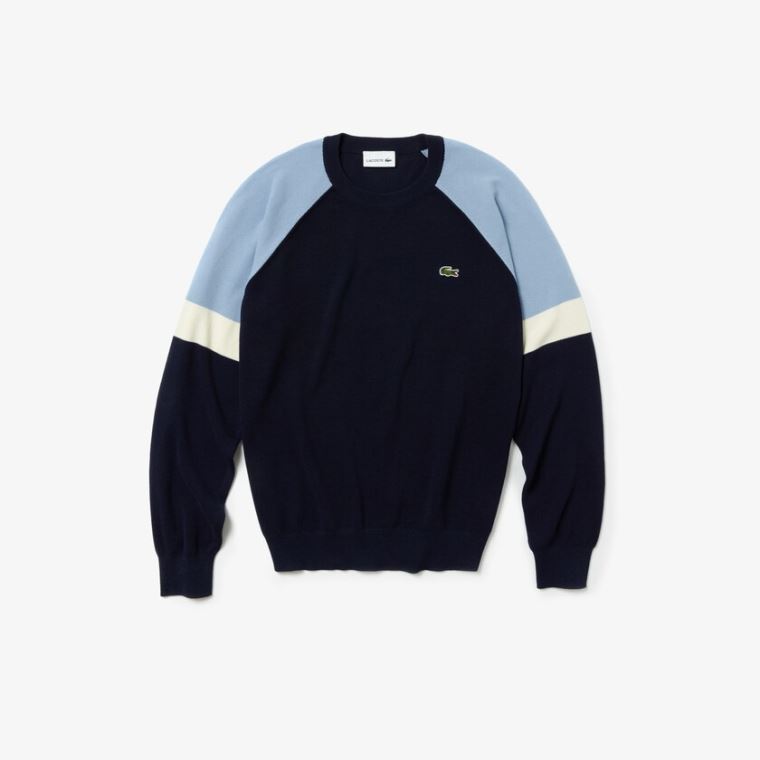 Lacoste Crew Neck Raglan Sleeved Genser Marineblå Blå Hvite Lyse Blå | RdVmrED5