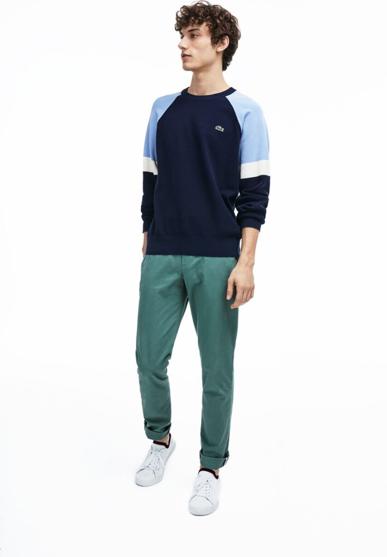 Lacoste Crew Neck Raglan Sleeved Genser Marineblå Blå Hvite Lyse Blå | RdVmrED5