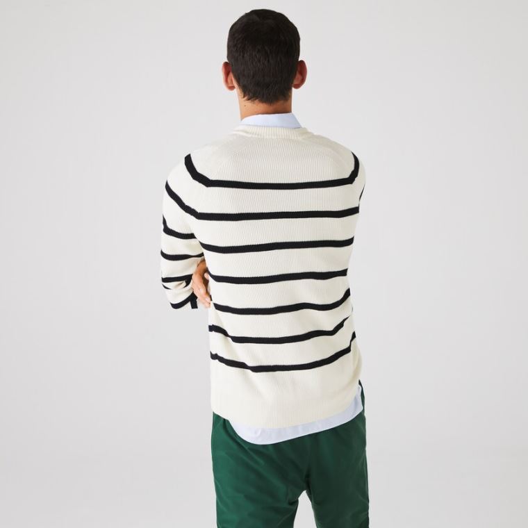 Lacoste Crew Neck Striped Ribbed Wool Genser Hvite Marineblå Blå | xJ2T7KQa