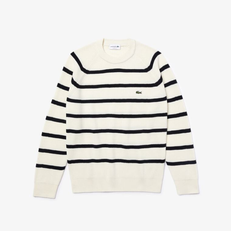 Lacoste Crew Neck Striped Ribbed Wool Genser Hvite Marineblå Blå | xJ2T7KQa