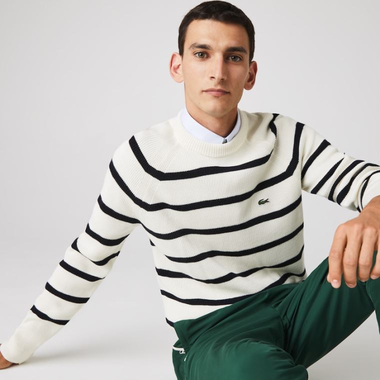 Lacoste Crew Neck Striped Ribbed Wool Genser Hvite Marineblå Blå | xJ2T7KQa