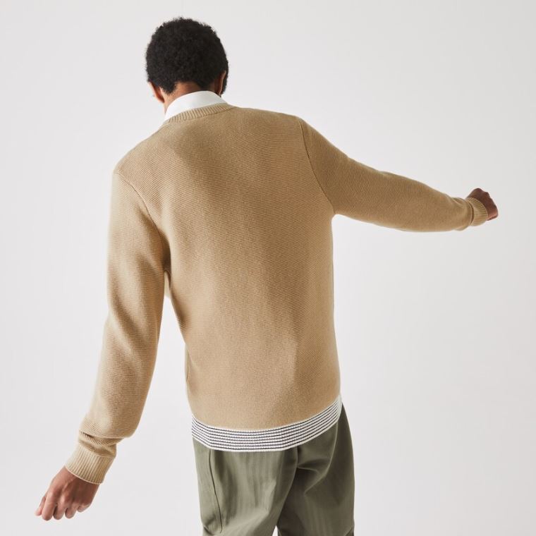 Lacoste Crew Neck Textured Wool And Bomull Genser Beige Hvite Marineblå Blå | J6d20fra