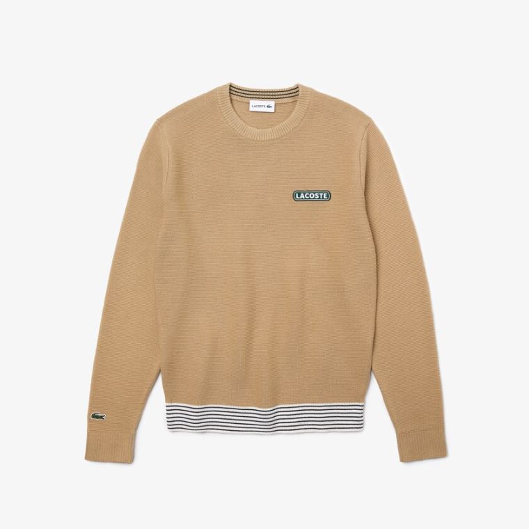 Lacoste Crew Neck Textured Wool And Bomull Genser Beige Hvite Marineblå Blå | J6d20fra