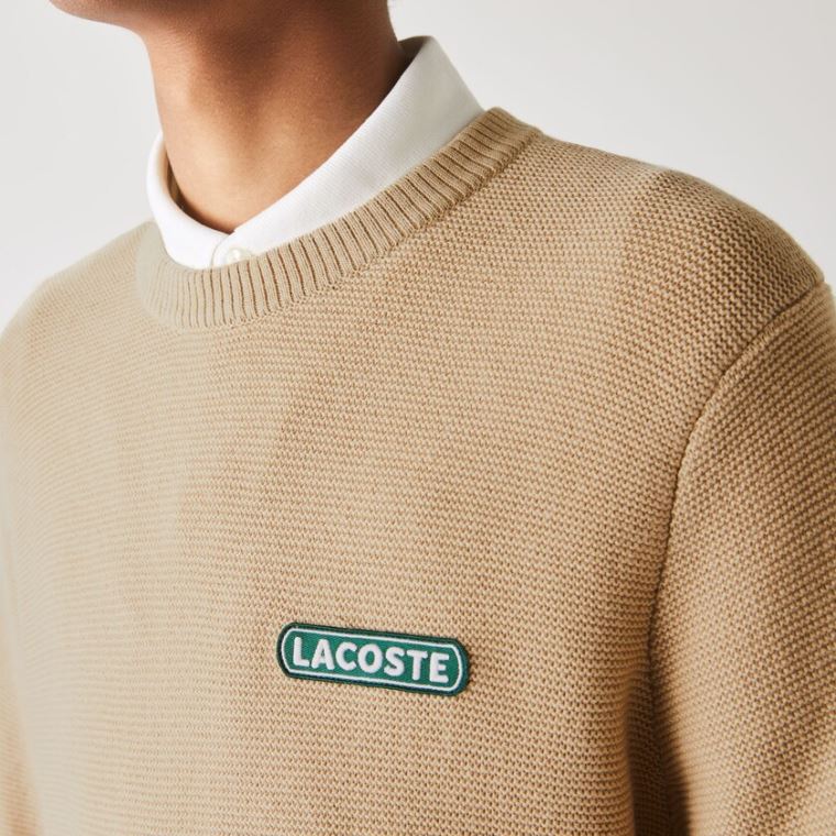 Lacoste Crew Neck Textured Wool And Bomull Genser Beige Hvite Marineblå Blå | J6d20fra