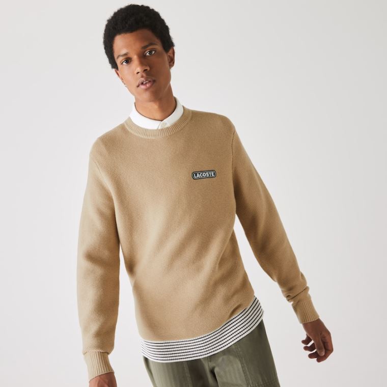 Lacoste Crew Neck Textured Wool And Bomull Genser Beige Hvite Marineblå Blå | J6d20fra