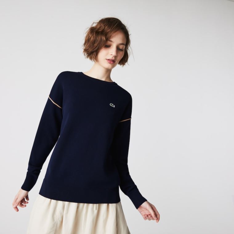 Lacoste Crewneck Bomull Genser Marineblå Blå Beige | MTU4N0H5