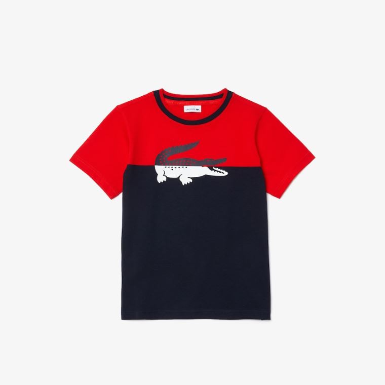 Lacoste Crewneck Croc-Print Bomull T-shirt Rød Marineblå Blå | mAcFPdsQ