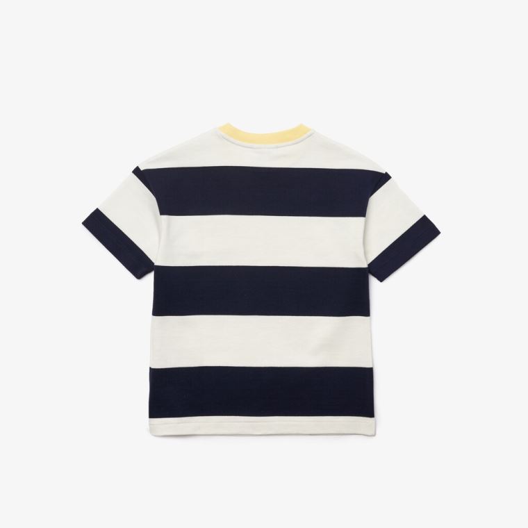 Lacoste Crewneck Rugby Striped Bomull T-shirt Hvite Marineblå Blå | SoGI4K9L