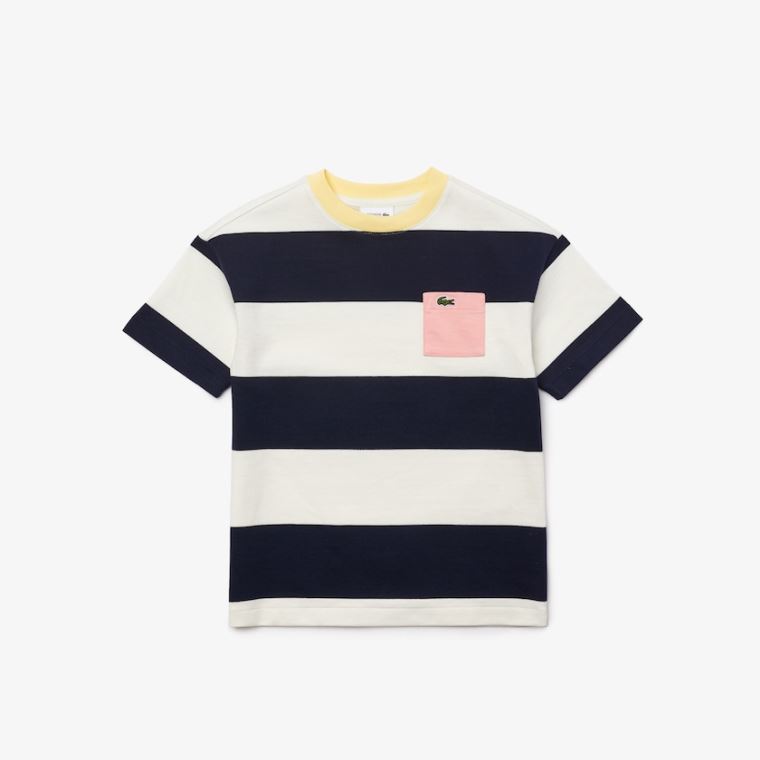 Lacoste Crewneck Rugby Striped Bomull T-shirt Hvite Marineblå Blå | SoGI4K9L