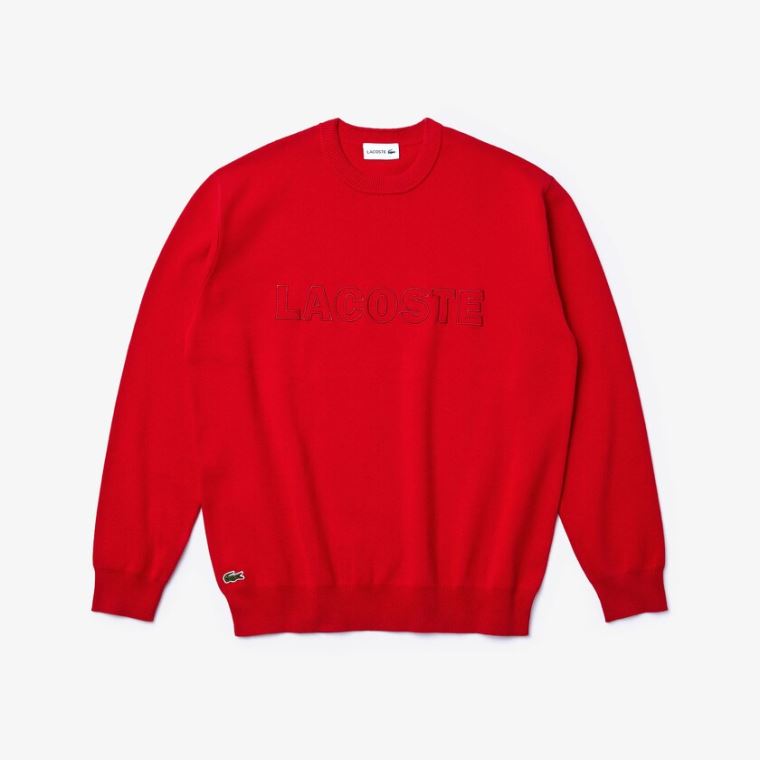 Lacoste Crewneck Signature-Logo Knit Genser Rød | E4qJOyWn