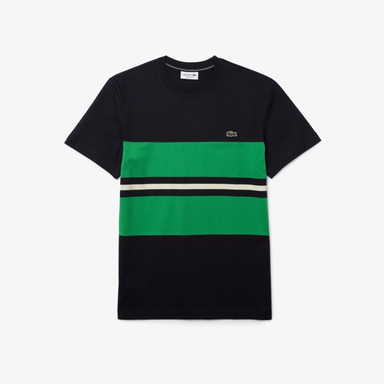 Lacoste Crewneck Striped Bomull T-shirt Marineblå Blå Grønn Beige | vyNMHnne