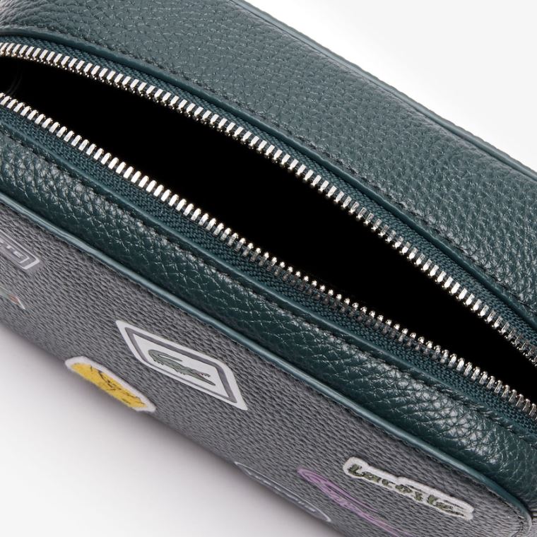 Lacoste Croco Crew Badge Grained Lær Shoulder Bag Mørke Grønn | MmBm8Unt