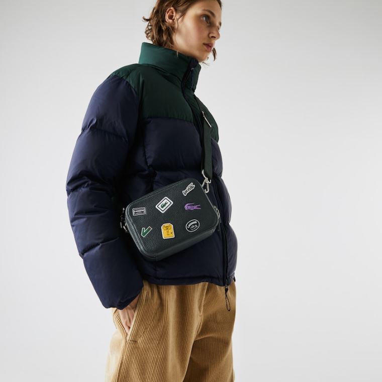 Lacoste Croco Crew Badge Grained Lær Shoulder Bag Mørke Grønn | MmBm8Unt