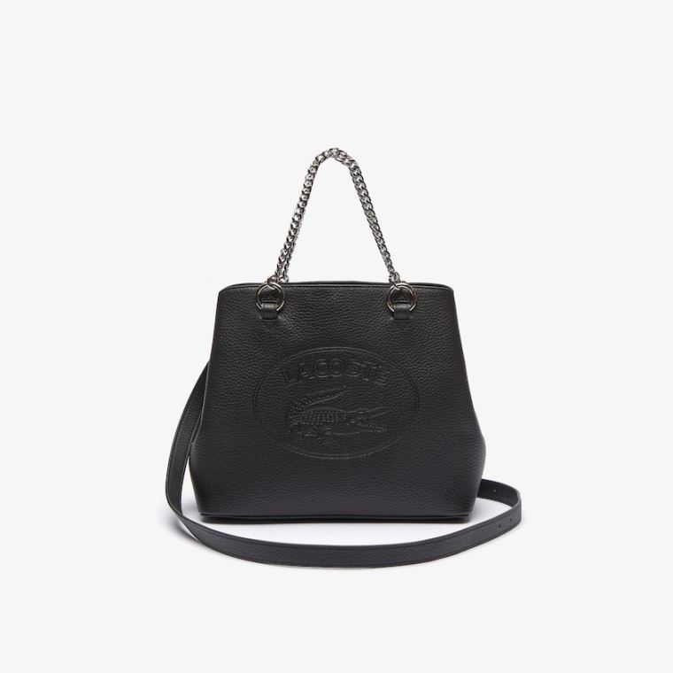 Lacoste Croco Crew Embossed Logo Small Lær Tote Svarte | ocJEJfkp