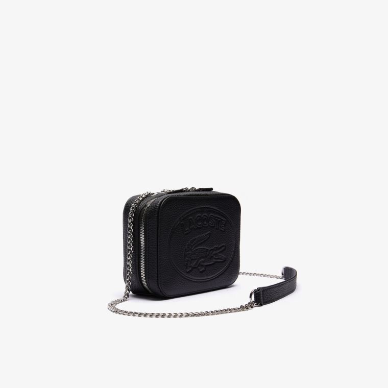 Lacoste Croco Crew Grained Lær Zip Shoulder Bag Svarte | 935Ezvwl