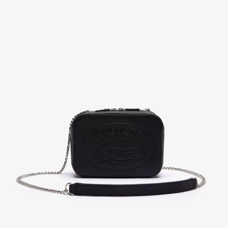 Lacoste Croco Crew Grained Lær Zip Shoulder Bag Svarte | 935Ezvwl