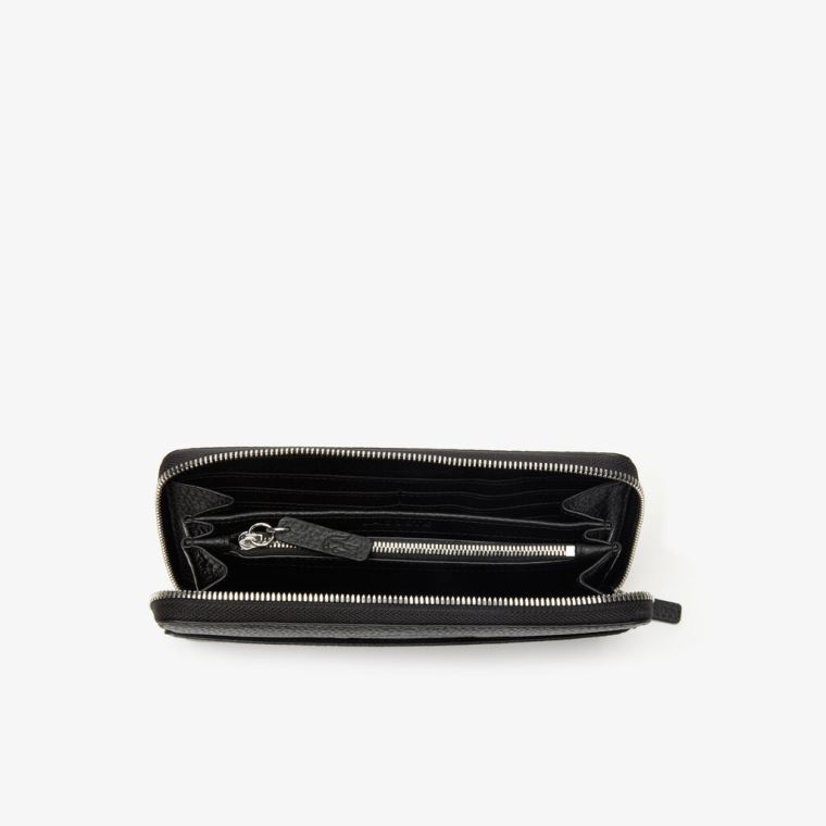 Lacoste Croco Crew Grained Lær Zip Wallet Svarte | WZfPmgD2