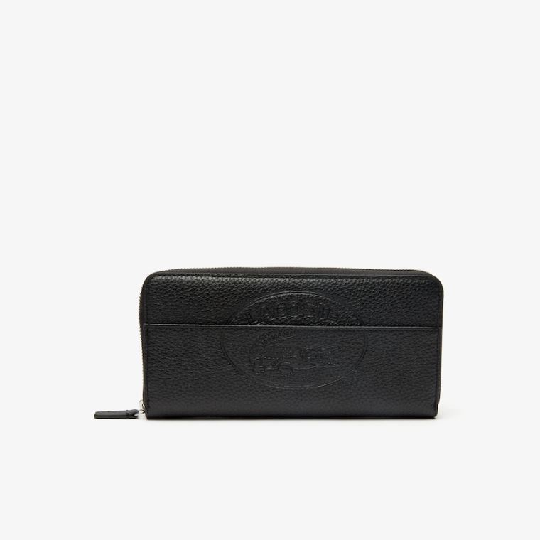 Lacoste Croco Crew Grained Lær Zip Wallet Svarte | WZfPmgD2