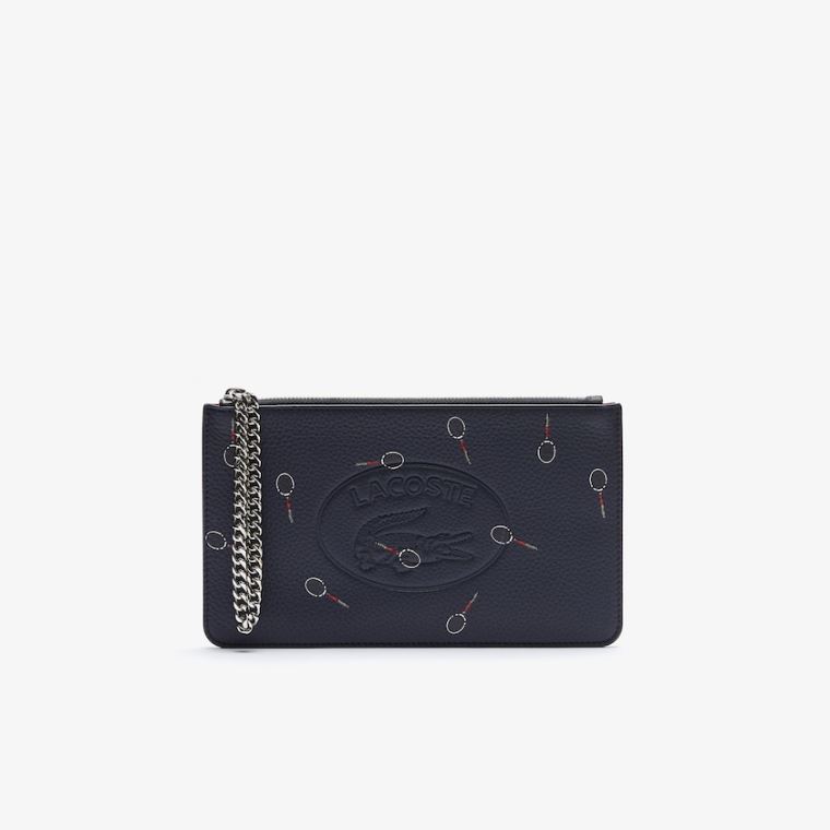 Lacoste Croco Crew Print Grained Lær Zip Pouch Svarte | kxffAnem