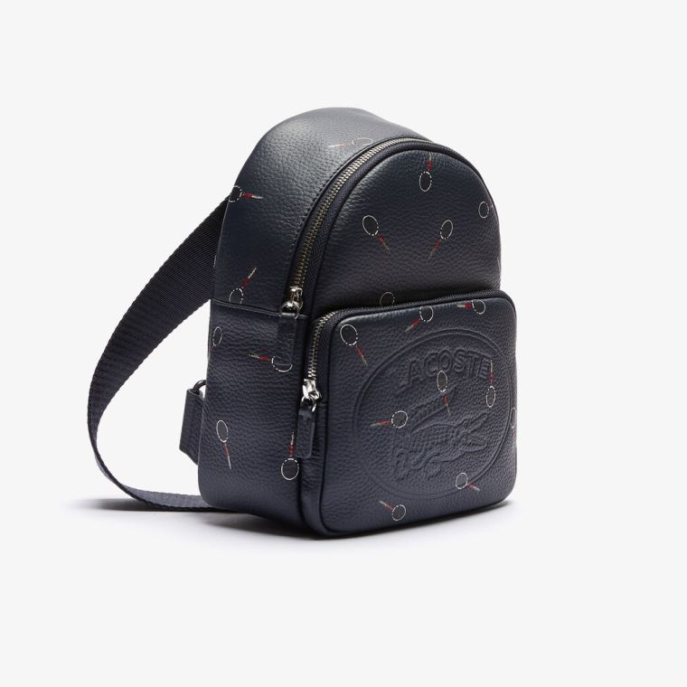 Lacoste Croco Crew Raquet-Print Small Grained Lær Backpack Svarte | xVTZIjIO