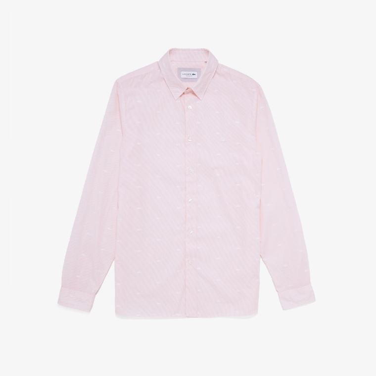 Lacoste Crocodile Print Poplin Shirt Rosa Hvite | qkjHNILF