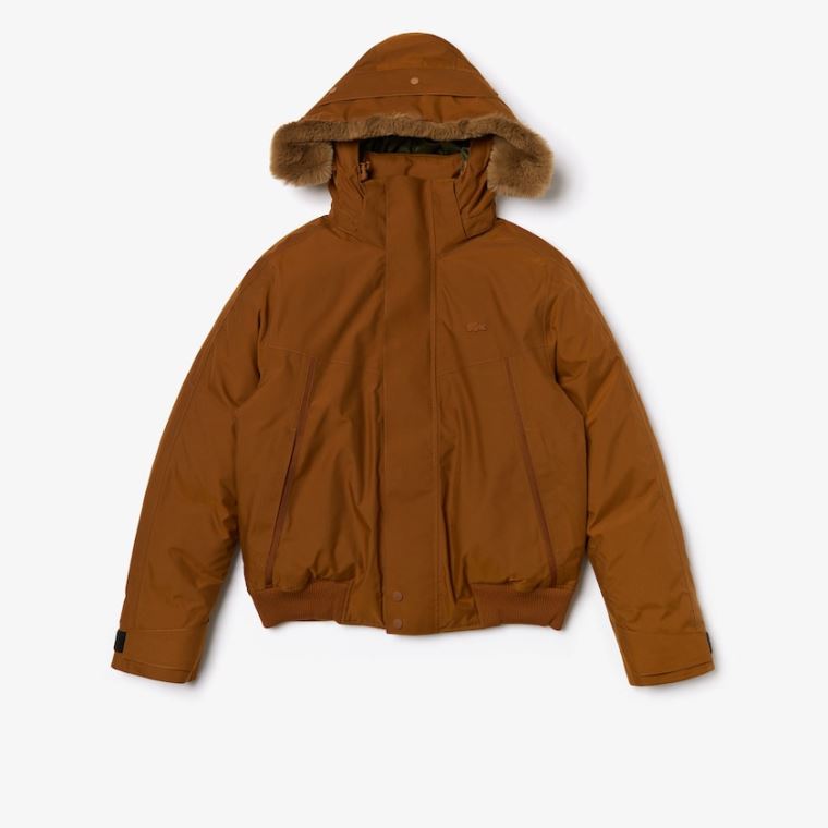 Lacoste Detachable Faux Fur Hood Kort Quilted Parka Brune Khaki Grønn | F1qNTFLW