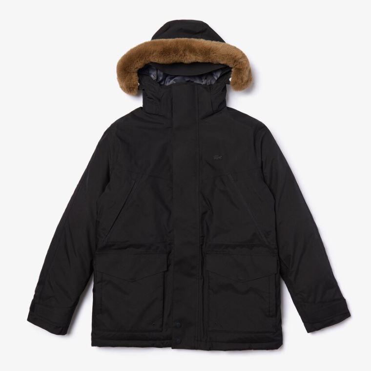 Lacoste Detachable Faux Fur Hood Long Quilted Parka Svarte Mørke Grå | BdTYMTJo