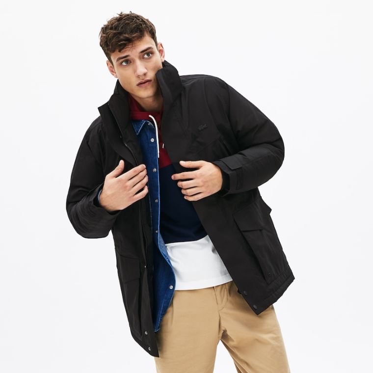 Lacoste Detachable Faux Fur Hood Long Quilted Parka Svarte Mørke Grå | BdTYMTJo