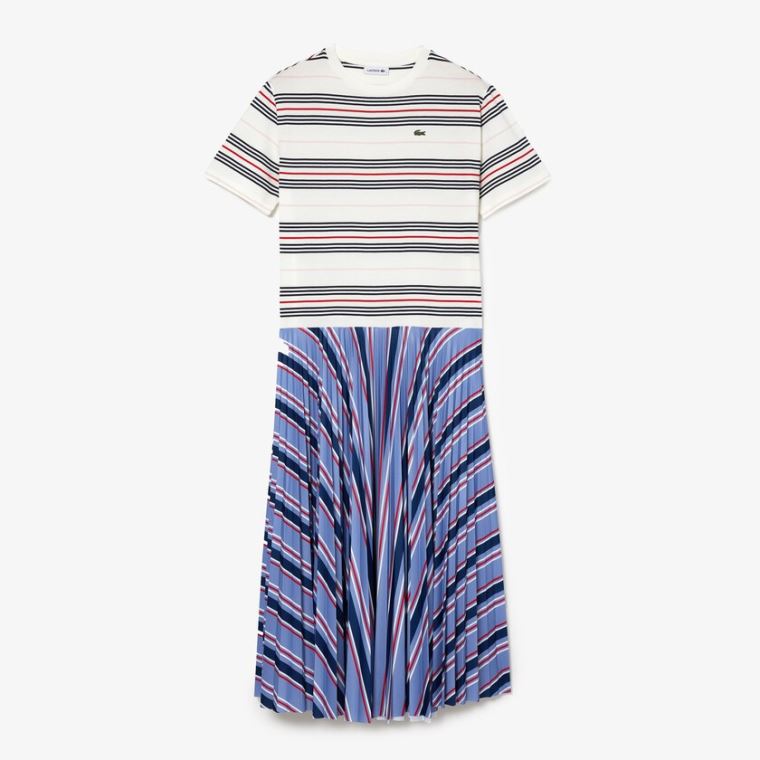 Lacoste Dissimilar Striped Pleated Jersey T-shirt Kjoler Lilla Marineblå Blå Hvite Rød Lyse Rosa | eyLwjMxN