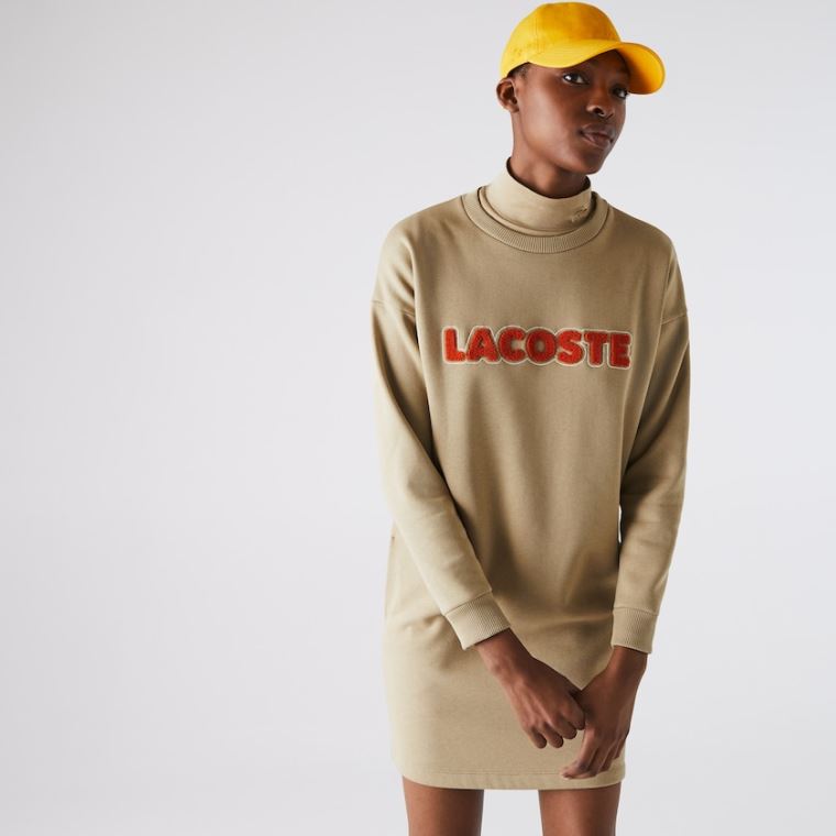 Lacoste Embroidered Accent Fleece Sweatshirt Kjoler Beige | FGnLQot5