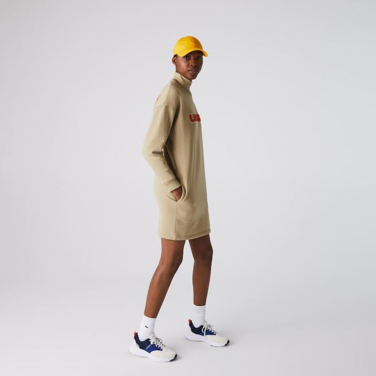 Lacoste Embroidered Accent Fleece Sweatshirt Kjoler Beige | FGnLQot5