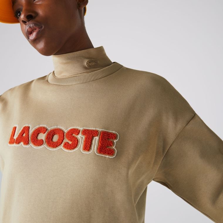 Lacoste Embroidered Accent Fleece Sweatshirt Kjoler Beige | FGnLQot5