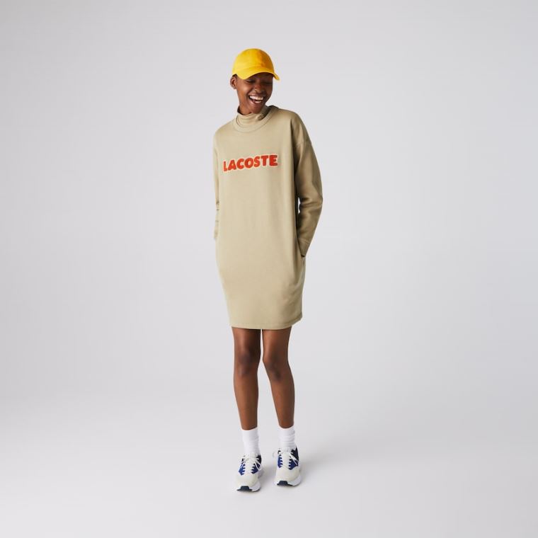 Lacoste Embroidered Accent Fleece Sweatshirt Kjoler Beige | FGnLQot5