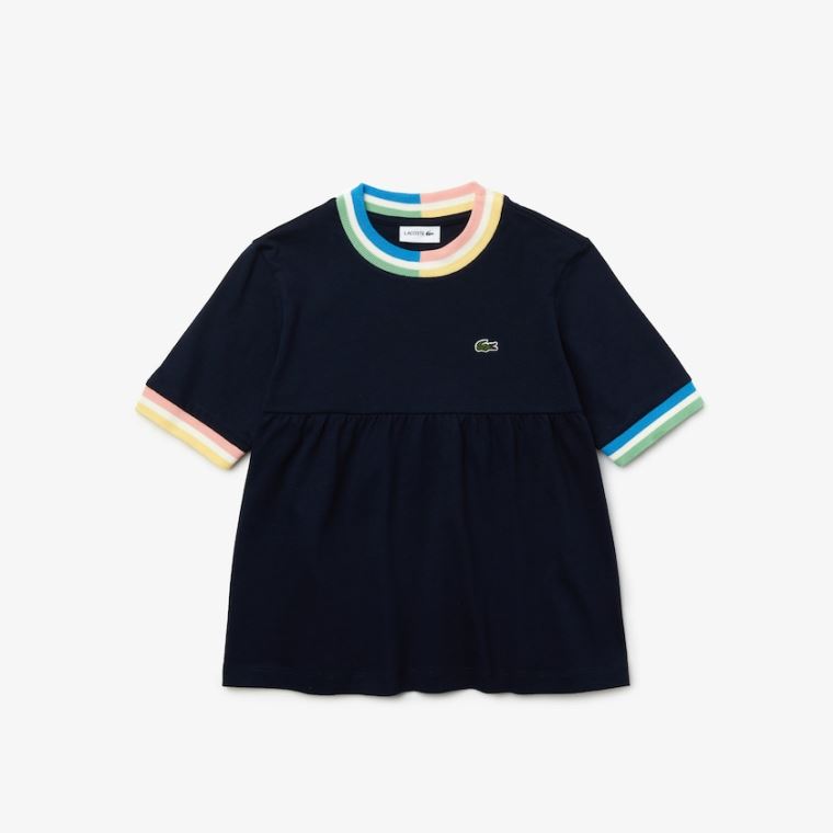 Lacoste Flounced Bomull T-shirt Marineblå Blå Hvite | VbQlEQwj