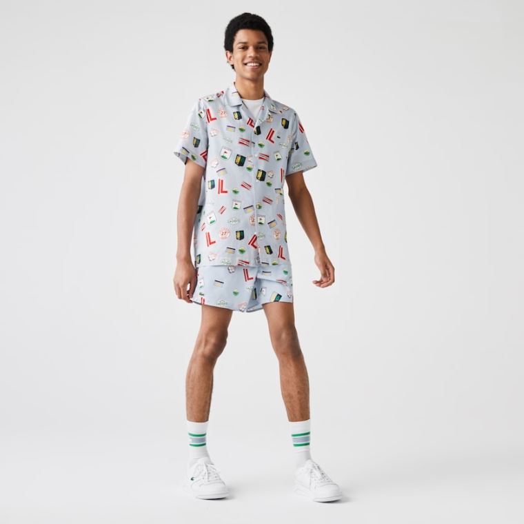 Lacoste Hawaiian Print Bomull Shirt Blå Hvite | 6KryGOa9