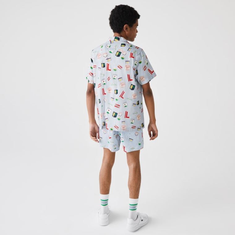 Lacoste Hawaiian Print Bomull Shirt Blå Hvite | 6KryGOa9