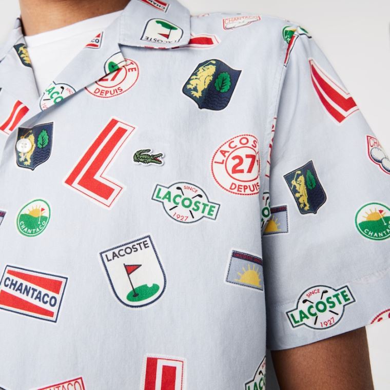 Lacoste Hawaiian Print Bomull Shirt Blå Hvite | 6KryGOa9