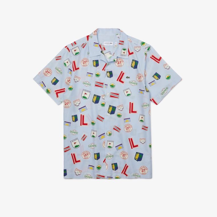 Lacoste Hawaiian Print Bomull Shirt Blå Hvite | 6KryGOa9