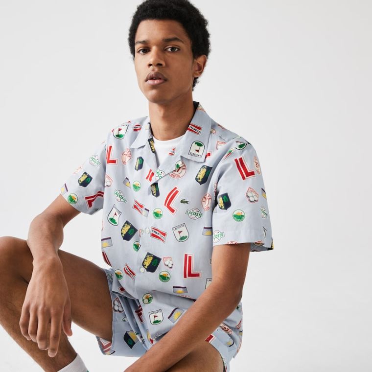 Lacoste Hawaiian Print Bomull Shirt Blå Hvite | 6KryGOa9