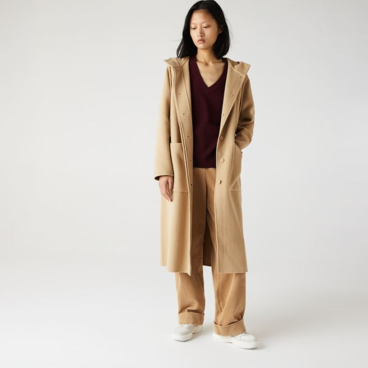 Lacoste Hette Zippered Long Wool Blend Coat Beige | WgfhziwW