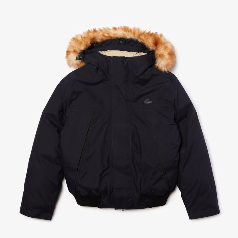 Lacoste Kort Vann-Resistant Quilted Hette Parka Marineblå Blå Beige | iJvMQQnQ