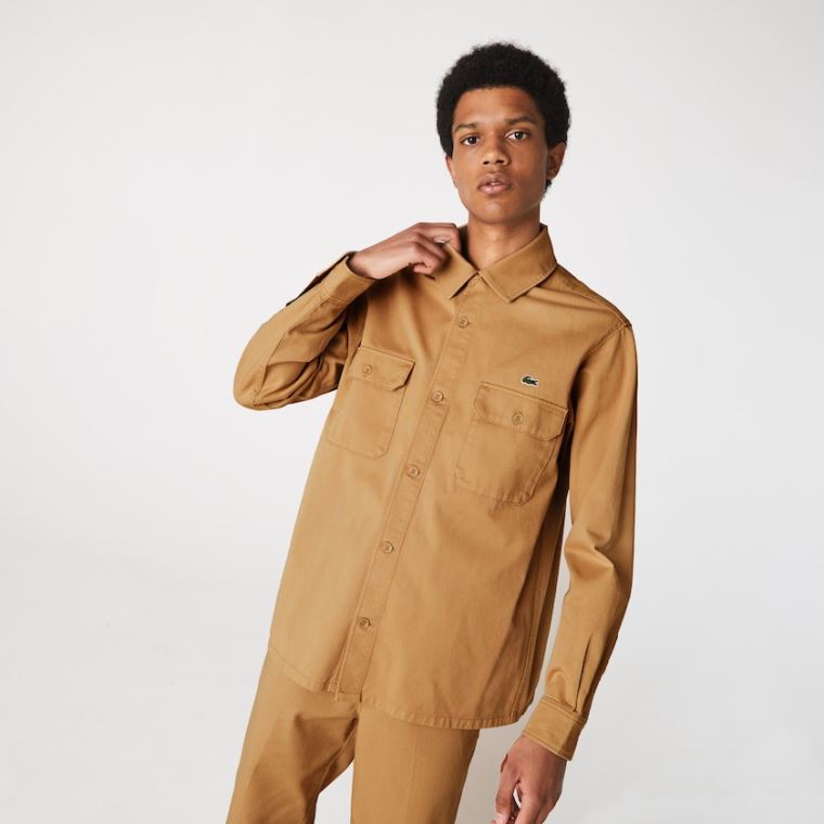 Lacoste LIVE Boxy Fit Bomull Canvas Shirt Beige | odzLfEKX