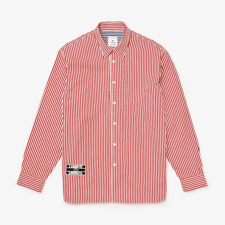 Lacoste LIVE Boxy-Fit Striped Bomull Shirt Hvite Rød | 8E7M8H1A