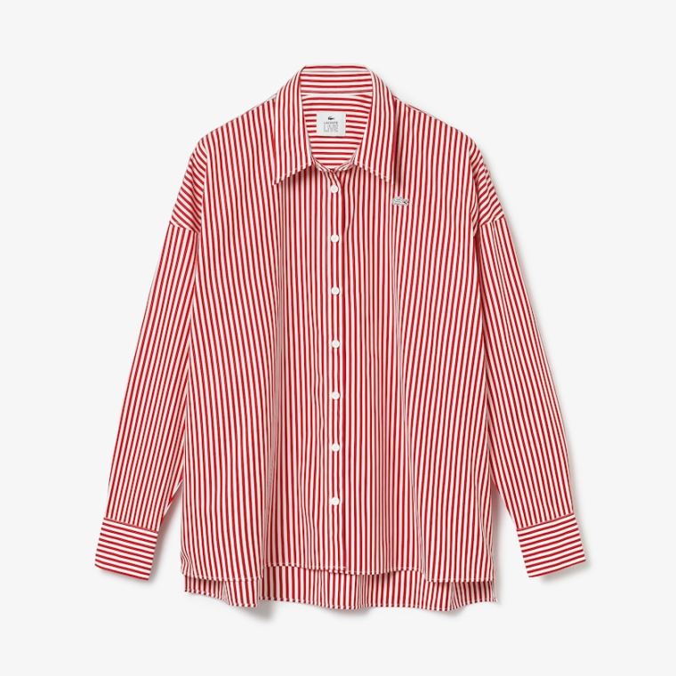 Lacoste LIVE Boxy-Fit Striped Bomull Shirt Hvite Rød | WS1i7SqV