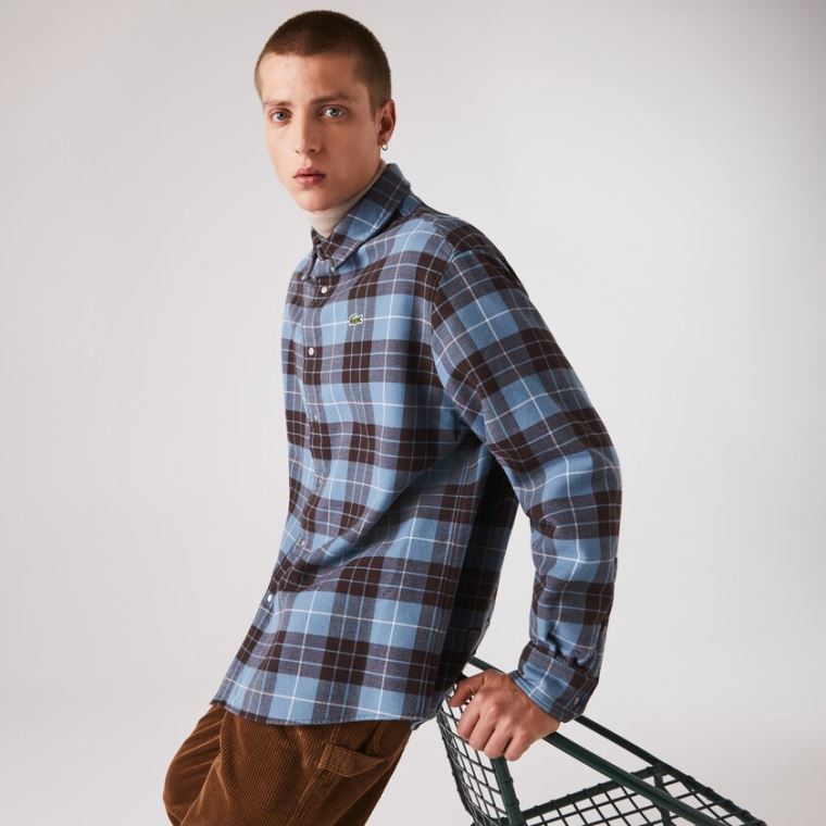 Lacoste LIVE Checked Flannel Forede Oversized Shirt Blå Brune | xgZZUoJ4