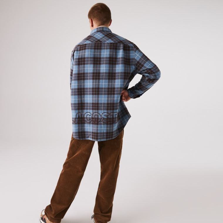 Lacoste LIVE Checked Flannel Forede Oversized Shirt Blå Brune | xgZZUoJ4